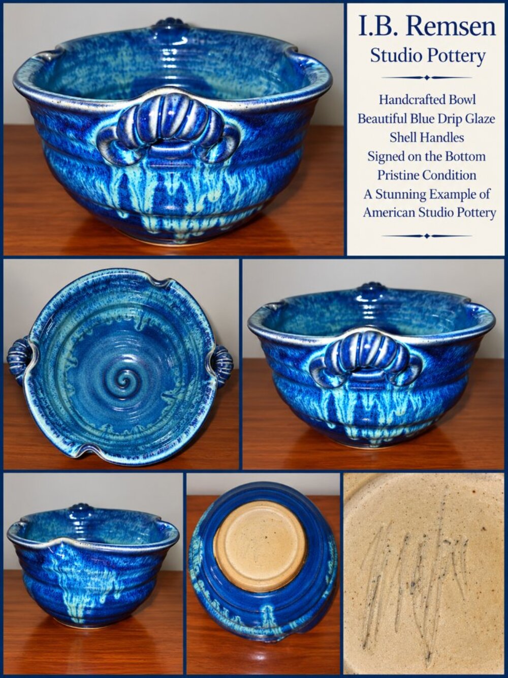 I.B. Remsen Signed Blue Drip Glaze Studio Pottery Bowl Shell Handles